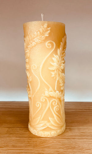FLORAL  FERN LEAF Pillar 6.75" Tall, 100% Pure Natural Yellow Beeswax , Long Bur