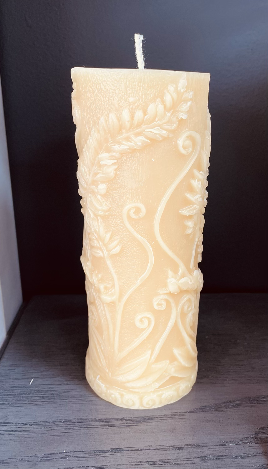 FLORAL  FERN LEAF Pillar 6.75" Tall, 100% Pure Natural Yellow Beeswax , Long Bur