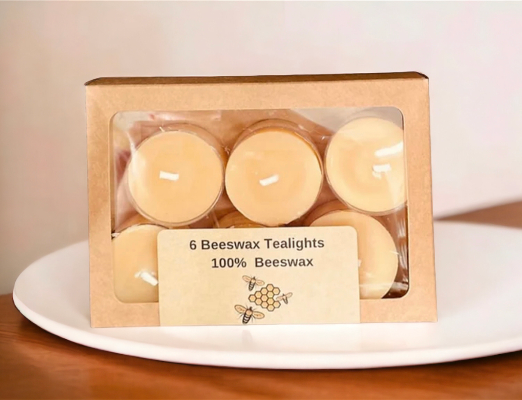 Beeswax - (6) Tealights, 100% Pure Natural Yellow Beeswax , Long Burning, Honey Scent, Cabin